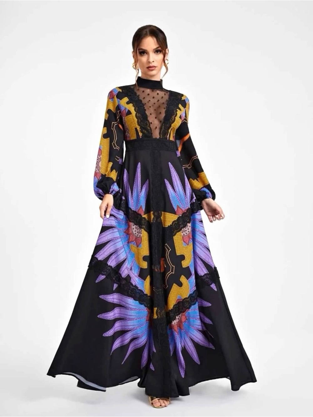 SHEIN X Black Maxi Dress with Purple & Gold Print Size M NEW